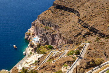 Stairs leading to a small port in Fira on the Santorini Island. Cyclades, Greece