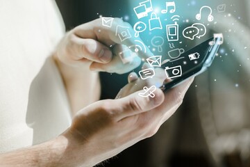 Smartphone with blank screen and illustrations on  background