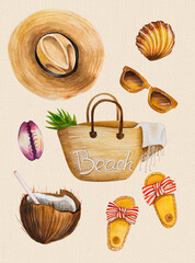 Watercolor summer beach accessories set. Hand drawn illustration