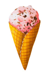 Watercolor illustration of fruit ice cream in waffle cone. Hand painted isolated on white 