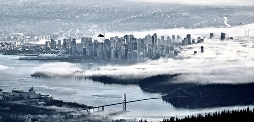 View of Vancouver skyline and Lions Gate Bridge covered with fog from Cypress Mountain Ski resort. British Columbia. Canada 