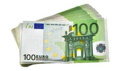 concept of wealth in euros: a pile of 10,000 euros in one hundred 100 euro banknotes isolated on white background. concept of inflation in the eurozone - obrazy, fototapety, plakaty