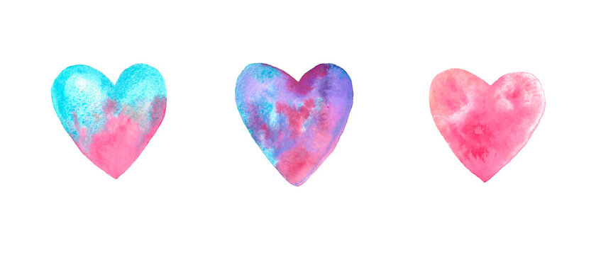 set of watercolor hearts pink blue purple