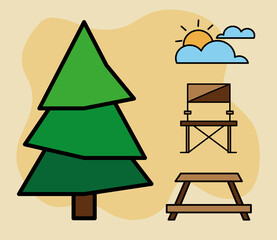 bundle of four camping set line and fill icons in green background vector illustration design