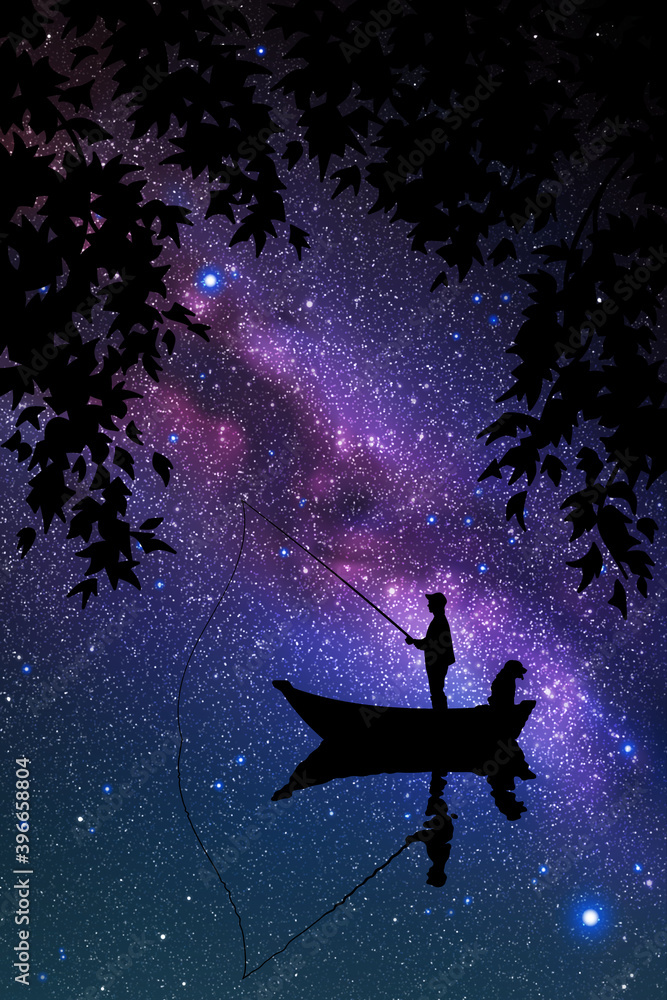 Sticker man in boat at night. fisherman silhouette. starry sky and milky way