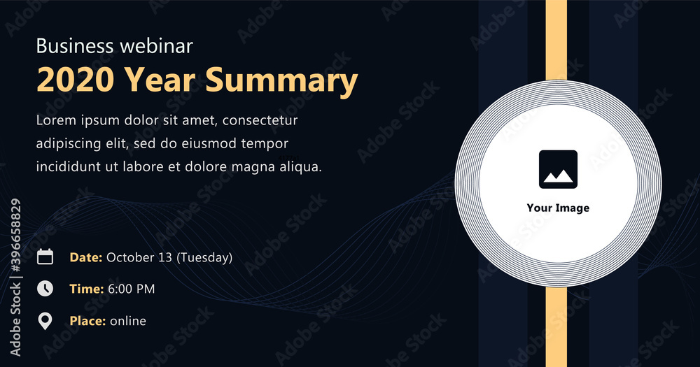 Poster modern business webinar with image and contact data on a dark blue background. minimalistic vector t