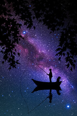 Man in boat at night. Fisherman silhouette. Starry sky and Milky Way