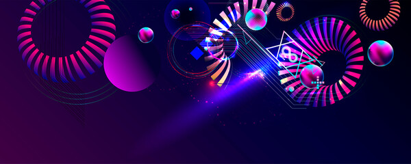 Neon techno christmas tree science space abstraction background. Cosmos blue dark retro futuristic 3d starry sky glowing galaxy and planets blue