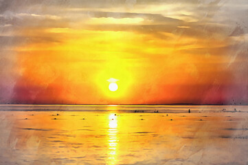 Beautiful sunset over the sea orange colour colorful painting looks like picture.