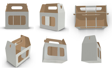3D rendering - High resolution image six bottle carrier box paper with handle on top template isolated on white background, high quality details
