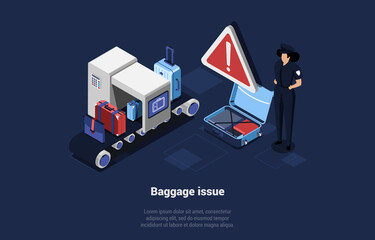 Fototapeta premium Airport Worker Character Checking Luggage On Moving Strip. Baggage Issue Concept Illustration In Cartoon 3D Style. Isometric Vector Composition Of Suitcases Review And Control Before Plane Departure