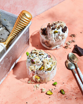 Sesame tahini halva with vanilla ice cream served in cups