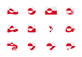 Greenland flag - flat collection. Flags of different shaped twelve flat icons.