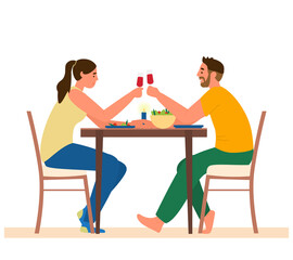 Couple Having Romantic Dinner At Home. Man And Woman Sitting At Table With Snacks Rasing Glass Of Wine. Vector Illustration. Isolated On White.