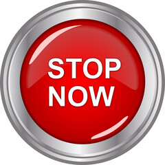 red stop now button with metal frame isolated on white