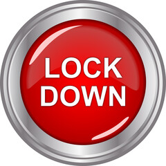 red lockdown button with metal frame isolated on white