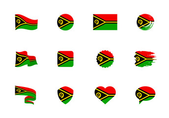 Vanuatu flag - flat collection. Flags of different shaped twelve flat icons.