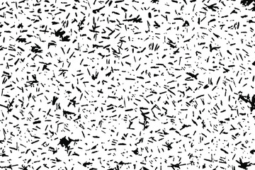 Grunge texture of small chaotic litter. Monochrome background of chaotic particles, stripes, lines, spots, noise and grain. Overlay template. Vector illustration