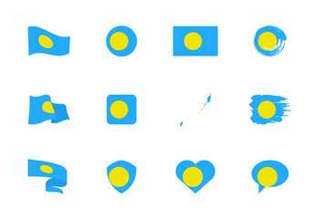 Palau flag - flat collection. Flags of different shaped twelve flat icons.
