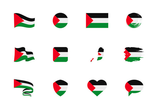 Palestine flag - flat collection. Flags of different shaped twelve flat icons.