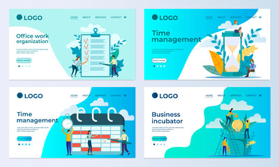 A set of landing page templates.Coworking,time management,and business incubator.Templates for use in mobile app development.Flat vector illustration.