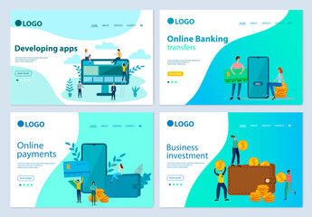 A set of landing page templates.Office management, online payments, business investment, online banking.Templates for use in mobile app development.Flat vector illustration.