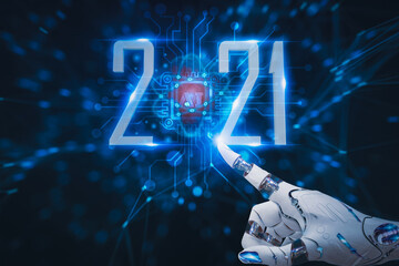 Happy new year 2021,concept digital trends,robot hand touch icon,is full modernity advanced technology,artificial intelligence or AI,abstract digital blue background and binary code,illustration