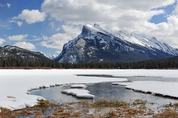 Melting snow covered waters of lake  in front of Snowy slopes of Mount Rundle in Banff National Park, Alberta Canada