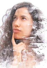A monochrome abstract paintography portrait of a thoughtful young woman with curly hair