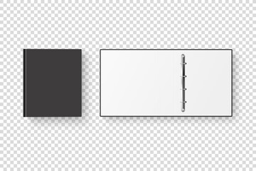 Vector 3d Closed and Opened Realistic Black Blank Office Binder Set with Metal Rings for A4 Paper Sheet Closeup Isolated on Transparent Background. Design Template, Mockup, Top View