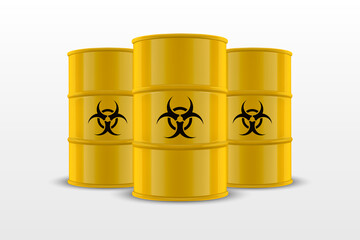 Three Vector 3d Realistic Yellow Simple Glossy Enamel Metal Oil, Fuel, Gasoline Barrels with Biohazard Sign Isolated on White Background. Design Template of Packaging for Mockup. Front View