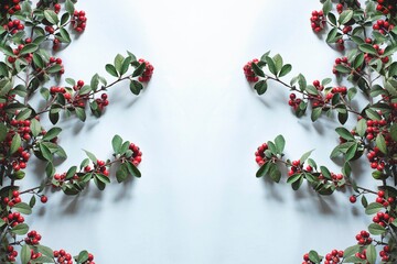 branches with red winter berries against blue background. Christmas card concept