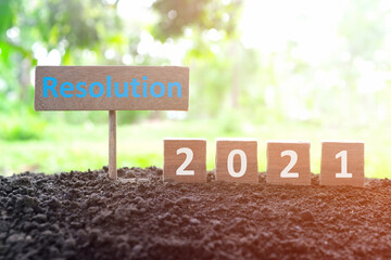 New year 2021 life goals, resolution and new priorities concept. Wooden blocks dice on a natural background at morning sunrise.