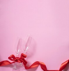 two champagne glasses tied up with red silk ribbon. Valentine'd day, wedding, christmas greeting card concept