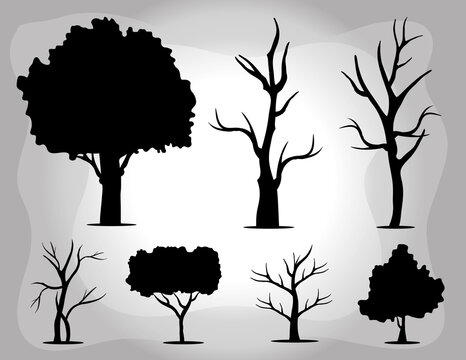 bundle of seven trees forest silhouette style icons vector illustration design