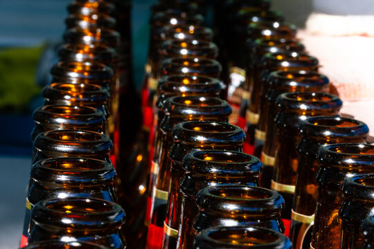 some beer bottles lined up