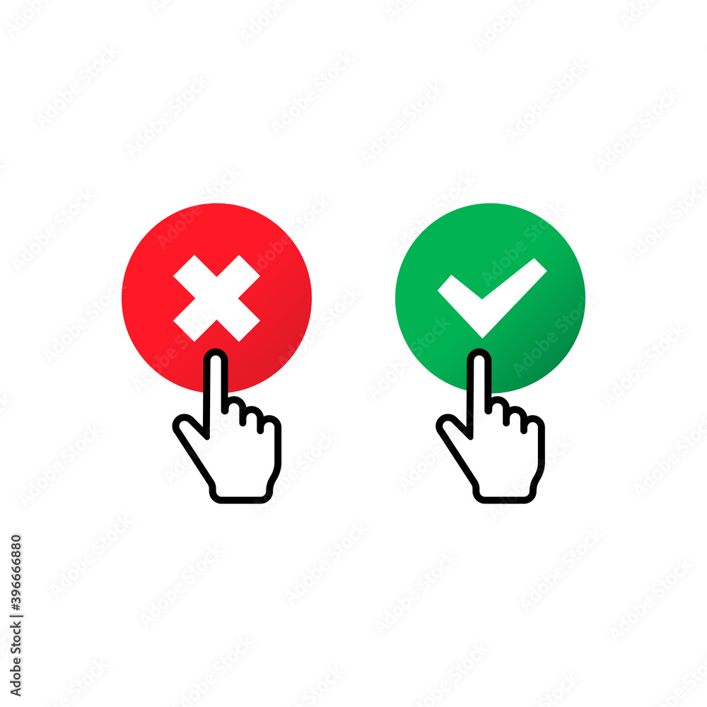 Poster check and cross mark with hand cursor icon. approve or deny concept. for apps and websites. vector e