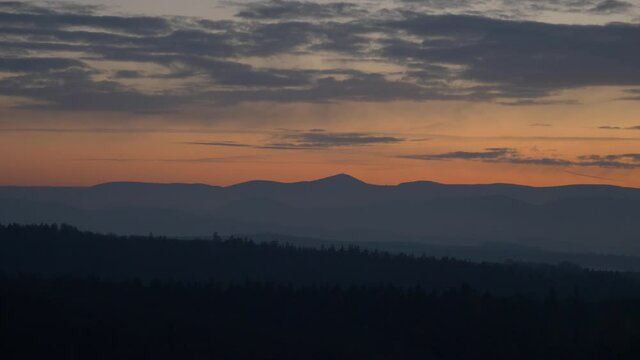 View on Sudetes mountains in sunset time in December