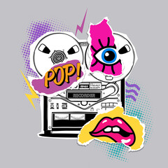 Bright poster in a Zine Culture style. Vintage Recording equipment, portable boombox, radio, player recorder with paper collage. Humor t-shirt composition, hand drawn style print. Vector illustration.