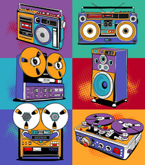Seamless pattern. Vintage Recording equipment in a bright Pop Art style. Audio tape cassettes, boombox, radio, player recorder, powered speaker.  Wallpaper, Textil composition. Vector illustration.