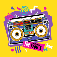 Bright colored poster in a Zine Culture style. Vintage Recording equipment, portable boombox, radio. The 1980's– lettering quote. Humor t-shirt composition, hand drawn style print. Vector illustration