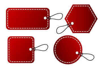 Vector 4 Shape Vector Red Gradient Tag, White Stitch Border With Black Rope, Isolated on White