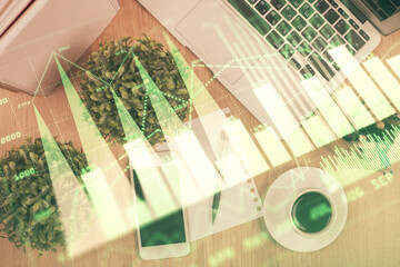 Multi exposure of financial chart hologram over desktop with phone. Top view. Mobile trade platform concept.