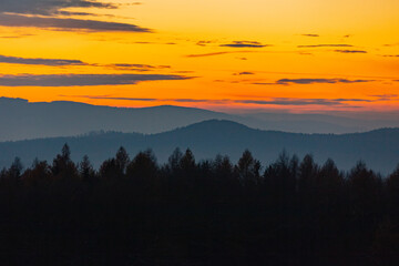 Beautiful view on sunset over Sudetes mountains, Poland