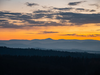 Naklejka na ściany i meble Beautiful view on sunset over Sudetes mountains, Poland