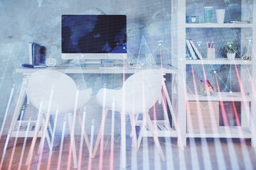 Multi exposure of stock market chart drawing and office interior background. Concept of financial...