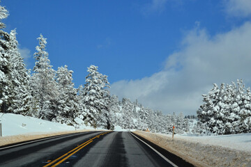 Obraz premium Snow covered road in Dixie National Forest, Utah, US
