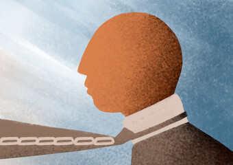 abstract illustration of a profile of a man, a businessman attached to work. Monetary, business crisis, fatigue, job addiction, enslavement. Office worker's tie as a chain