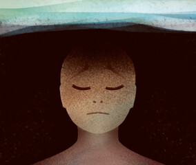 an abstract illustration of a person immersed in dark thoughts, depression, despair or a difficult life situation from which he does not know how to get out. Negative emotions.
