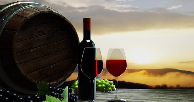 Red wine in clear glass, red grapes, green grapes, and wine fermentation tank On a table with a wooden floor or Tree bark. The background image was a morning mountain. Fog and morning sun.3D Rendering